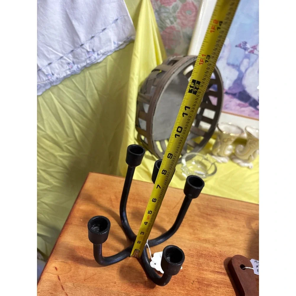 Vintage Cast Iron Look 5 Arm Candelabra Matte Black Brutalist Candle Holder
